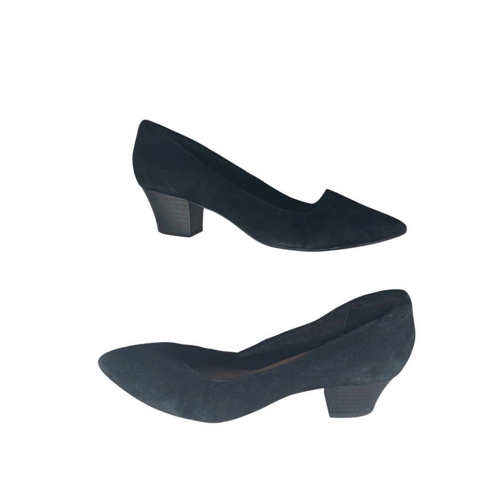 Clarks Collection Pump 9.5 Black Suede Pointed Toe Block Heel Professional Z220